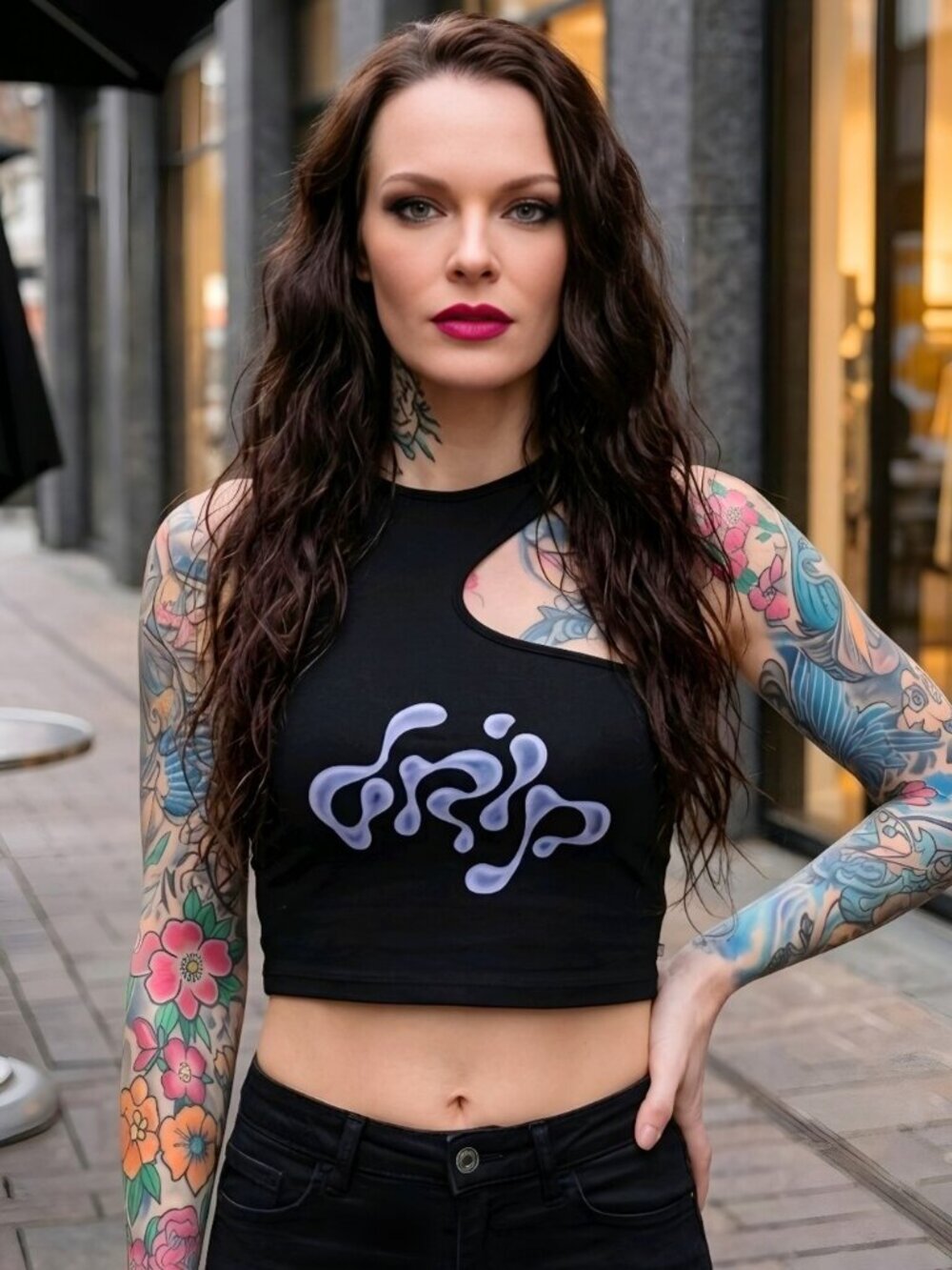 Poster Grl Asymmetric Cutout Crop Top Black Purple Fluid Drip Festival Sz M NWT